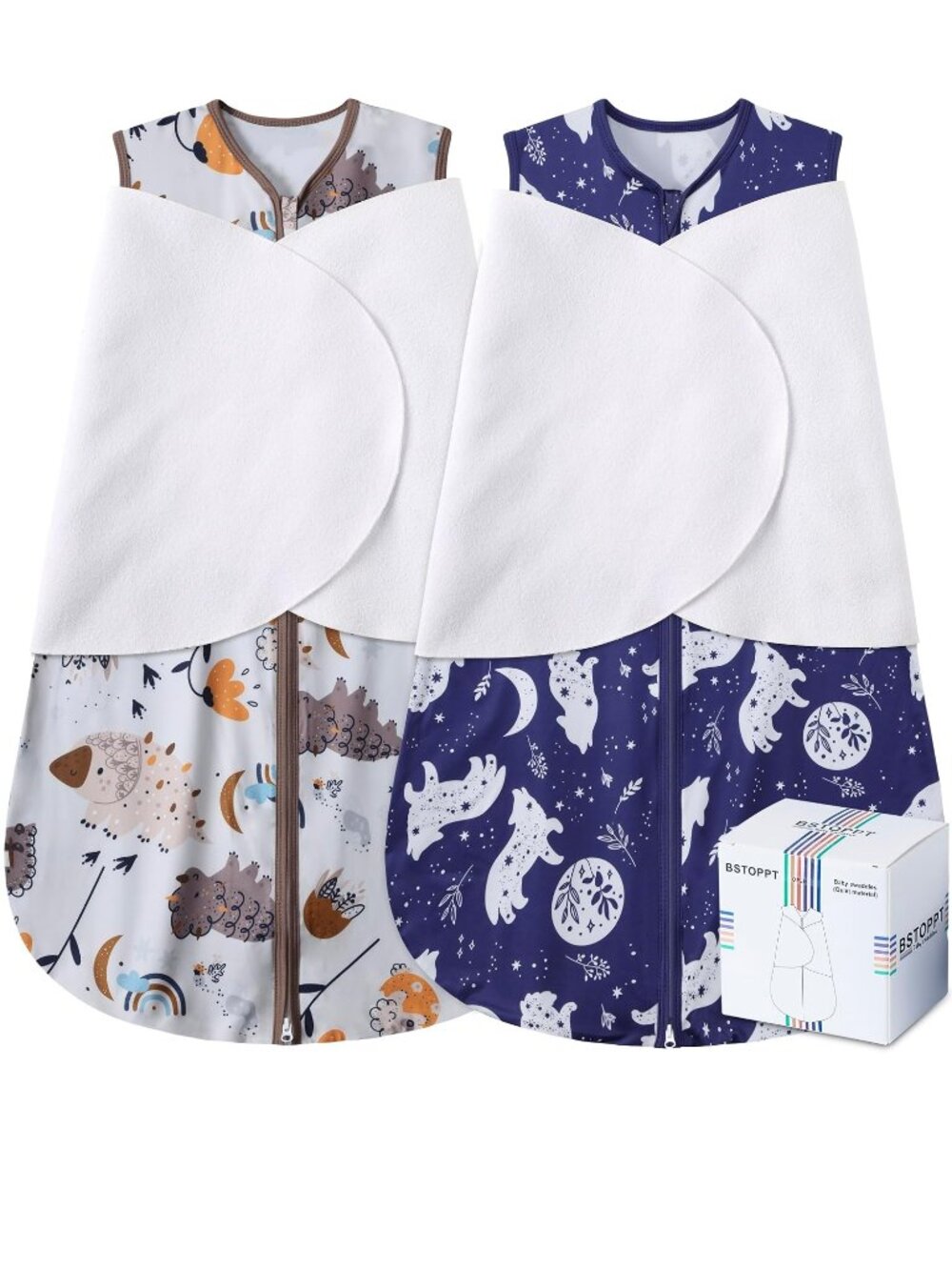 2 BSTOPPT Newborn (0-3 mos) Sleep Swaddler Adjustable Wearable Fox & Dinosaurs